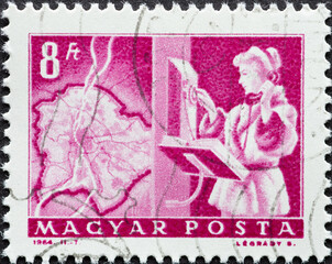 HUNGARY - CIRCA 1964: A post stamp printed in Hungary showing a Map of Budapest and automatic dial...