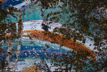 Abstract Old Graffiti on a Rough Concrete Surface. Colored Paint Peeling off the Wall. Close up od the Old Colorful Mural.