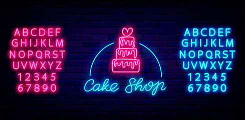 Cake shop neon label. Sweet bar with alphabet. One line drawing. Isolated vector stock illustration