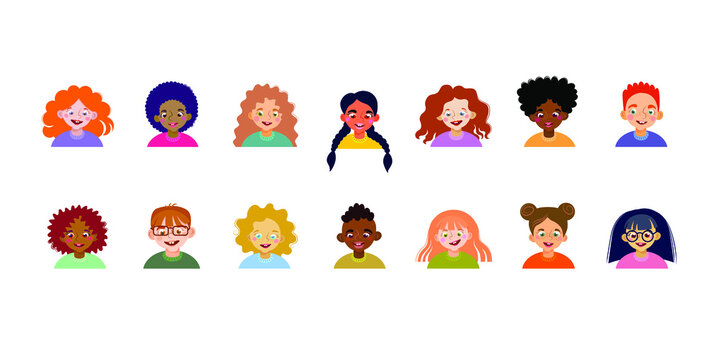 Set of different cute children. Boys and girls of different nationalities and races. Perfect for social media avatar, school identity, kids t-shirt, international friendship prints, etc.