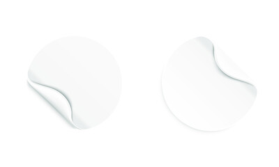 White round paper adhesive realistic set stickers mockup with curved corner and shadow on white background, stock vector.