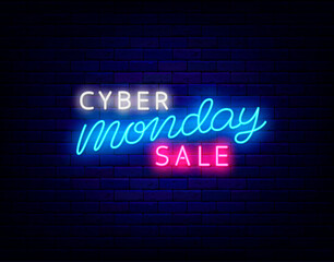 Cyber monday sale neon sign. Luminous emblem. Outer glowing effect logo. Isolated vector stock illustration