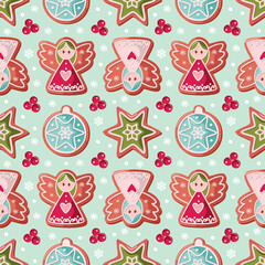 Christmas seamless background. Gingerbread angel and holly. Ornamental pattern for wrapping paper, banners, pajamas. Raster