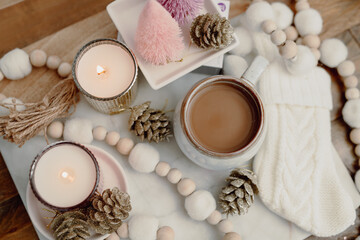 Fototapeta na wymiar Cozy Winter Styled Coffee with Pink and Gold Accents 