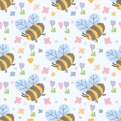 Seamless background, bees and flowers on a blue background, watercolor drawing, suitable for the design of fabric, clothing, wallpaper, wrapping paper