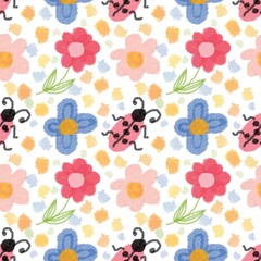 Seamless background, watercolor pattern, ladybugs and flowers on a white background, suitable for fabric design, wallpaper, wrapping paper