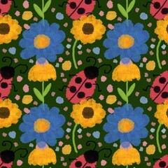 Seamless pattern, spring abstract illustration, ladybugs and flowers, watercolor drawing, suitable for fabric design, wallpaper, wrapping paper