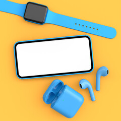 Mobile phone with smart watches and wireless headphones on yellow background.