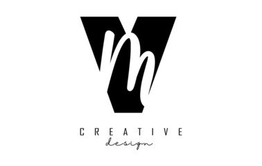Letters VM logo with a minimalist design. Letters V and M with geometric and handwritten typography. Creative Vector Illustration with letters.