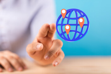 Digital hologram of the Earth with satellites on orbit. Digital globe with statistics data global