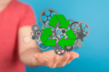 Mechanism green gears and cogs at work on black background. Industrial machinery. 3D illustration. 3D high quality rendering.