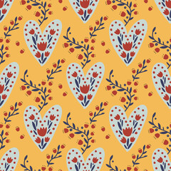 Hearts seamless flower cartoon vector pattern. Ornate romantic boho valentine background Valentines day kid design.