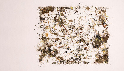 Organic dry herbal tea leaves, close up. Composition of dried teas from above, copy space.