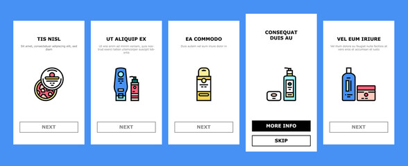 Cosmetics Package Beauty Product Onboarding Mobile App Page Screen Vector. Facial Toner And Lotion Package, Soap And Hand Cleanser Tube, Nail Polish And Remover Bottle, Bath Container Illustrations