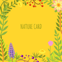 Greeting card with flowers and leaves, for a birthday or wedding invitation card, for graphic design with a natural background