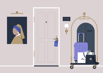 A hotel hallway, a do not disturb sign hanging on a doorknob, a baggage trolley