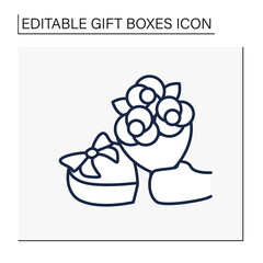 Romantic surprise line icon. Heart shaped present case and fantastic bouquet for special occasion. Romantic date. Gift box concept. Isolated vector illustration. Editable stroke