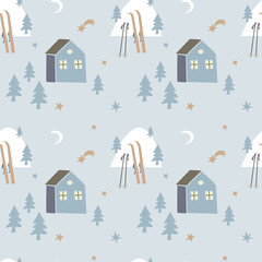 Seamless pattern with  house, Christmas tree, ski and hills isolated on blue background. Vector hand drawn flat illustration. Design for textile, wallpaper, wrapping, backdrop