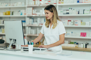 Obraz na płótnie Canvas Portrait of a beautiful female pharmacist working in a pharmacy