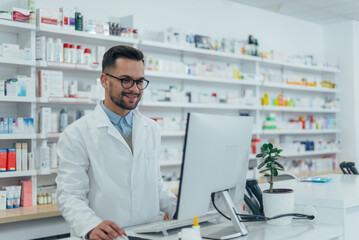 Portrait of a handsome pharmacist working in a pharmacy - Powered by Adobe
