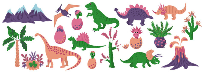 Set of vector illustrations. Dinosaurs, baby dinosaurs, prehistoric plants.
