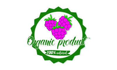 The logo of 100% natural organic product is raspberry. The sign is suitable for packaging, eco organic product, business, food label design.