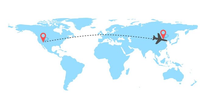 Plane flying on the world map leaving the trail. Route and two points on the map. Travel and vacation concept. 4k resolution.