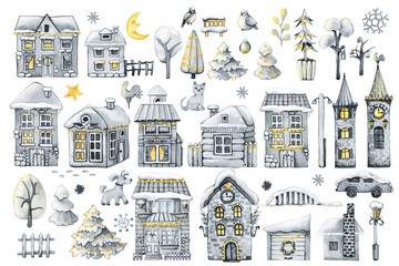 Winter Christmas houses with garlands and decorations, angel and star. Black and white watercolor illustration isolated on white background. Design of New Year and Christmas products