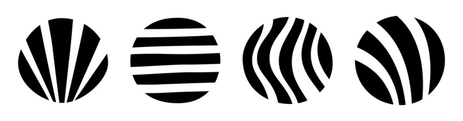 Set of four striped circles. Vector geometric simple shapes, isolated on white background. Striped circles silhouettes.