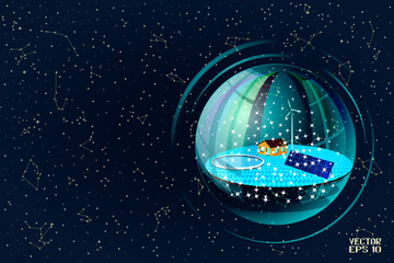 Christmas Snow Globe with Small House, Christmas Snowstorm Isolated on Night Background. Bright Holiday Gift on Sky Map of Hemisphere. Vector. 3D Illustration