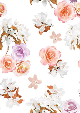A bright floral photo pattern with rose flowers and an apple tree on a light white background.