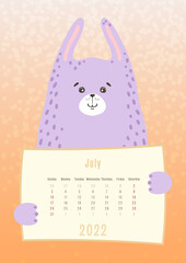 2022 july calendar, cute hare rabbit animal holding a monthly calendar sheet, hand drawn childish style.