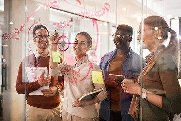 Team of happy entrepreneurs writes business goals on glass wall during meeting at casual office.