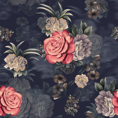 Seamless textile flower design with dark blue ground