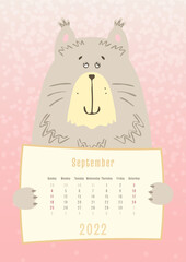 2022 september calendar, cute cat animal holding a monthly calendar sheet, hand drawn childish style