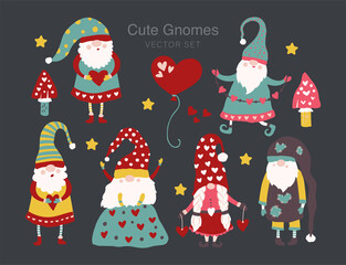 Vector cute colorful illustration of garden gnome with heart and flower. Cartoon elf kid illustration for print. Valentines card and poster set.