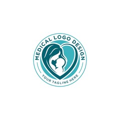 Obraz premium Mother holding baby Child heart shape Logo design vector template. Medical Clinic Child Care Logotype concept icon.
