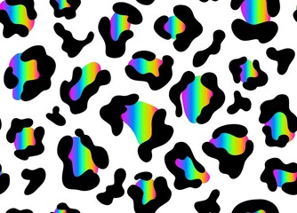 Rainbow leopard seamless pattern. Holographic spots on a white background.