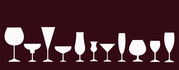 Set of 11 white cocktail glasses icons. Vintage drink collection illustration.