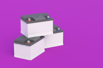 Heap of 12 V auto batteries on purple background. Battery capacity. Replacement of automotive parts. Copy space. 3d render