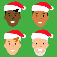 Christmas  collection of mens faces in red caps, winter seasonal design in flat style