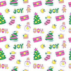 Fototapeta na wymiar Seamless new year pattern for tennis. Sporty cute background for Christmas design. Hand drawing, cute tennis ball, lettering, kawaii style.