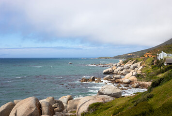 Seascape view of False Bay coastline in Cape Town..