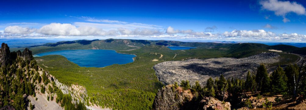 Panoramic view of Paulina lakes and the big obsidian lava flow in Newberry volcanic area