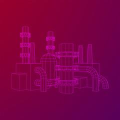 Industrial building factorie facilitie power plant with chimneys. Wireframe low poly mesh vector illustration.