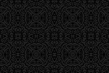 Embossed black background design. Artistic texture with geometric volumetric convex ethnic 3D pattern.Vector graphic template in folk art style for business background, wallpaper, presentations.