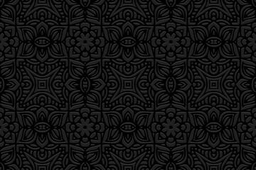 Obraz na płótnie Canvas Embossed black background design. Trendy texture with geometric volumetric convex ethnic 3D pattern. Vector graphic template in the style of folk art for business background, wallpaper, presentations.