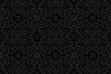 Embossed black background design. Trendy texture with geometric volumetric convex ethnic 3D pattern. Vector graphic template in the style of folk art for business background, wallpaper, presentations.