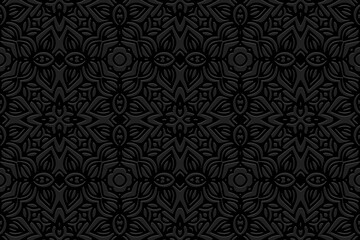 Embossed black background design. Elegant texture with geometric volumetric convex ethnic 3D pattern. Vector graphic template in the style of folk art for business background, wallpaper, presentations
