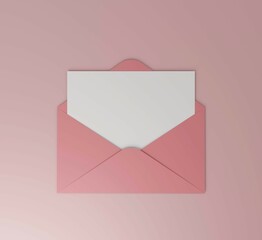 Envelope with empty blank paper as festive holiday greeting card or love letter 3D rendering illustration